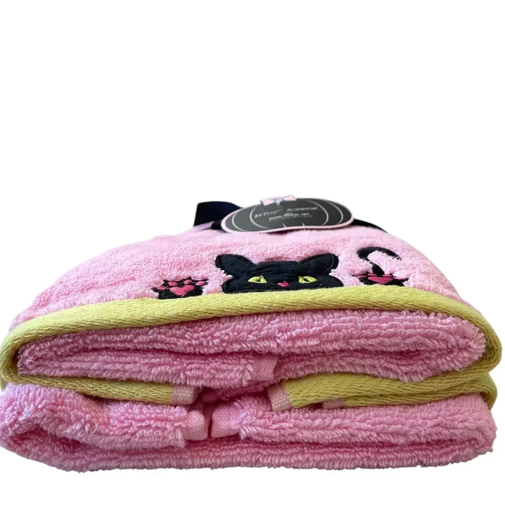 Betsey Johnson Pink Halloween Cat Hand Towels 16x26 Cotton Embroidered Set of 2